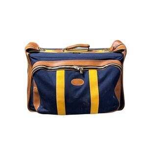 Vintage Brooks Brothers Luggage Carry On Bag Navy Brown & Yellow Csnvas Leather